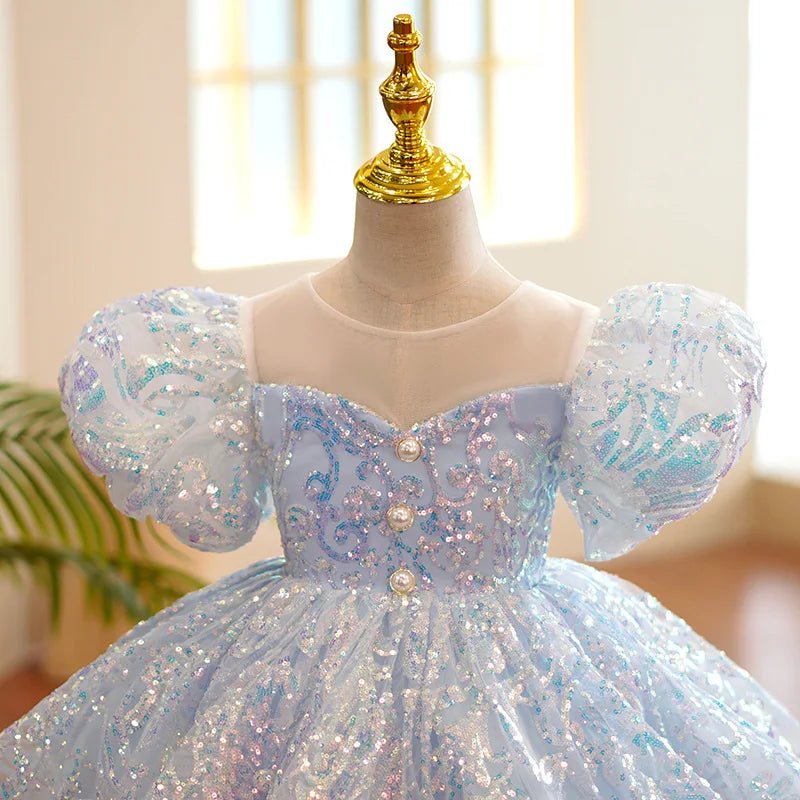 Kids Birthday Party Dresses for Little Girl Size 2 To 14 Years Prom Sequin Dress Luxury Gowns Sky Blue Evening Formal Frock - PratSN