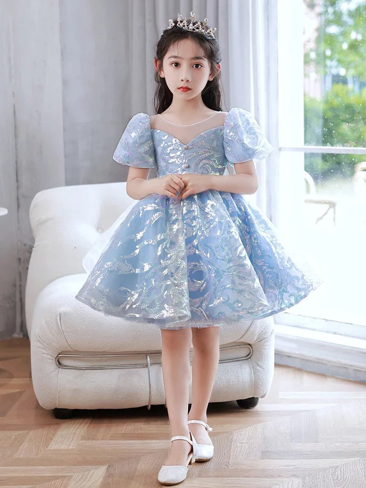 Kids Birthday Party Dresses for Little Girl Size 2 To 14 Years Prom Sequin Dress Luxury Gowns Sky Blue Evening Formal Frock - PratSN