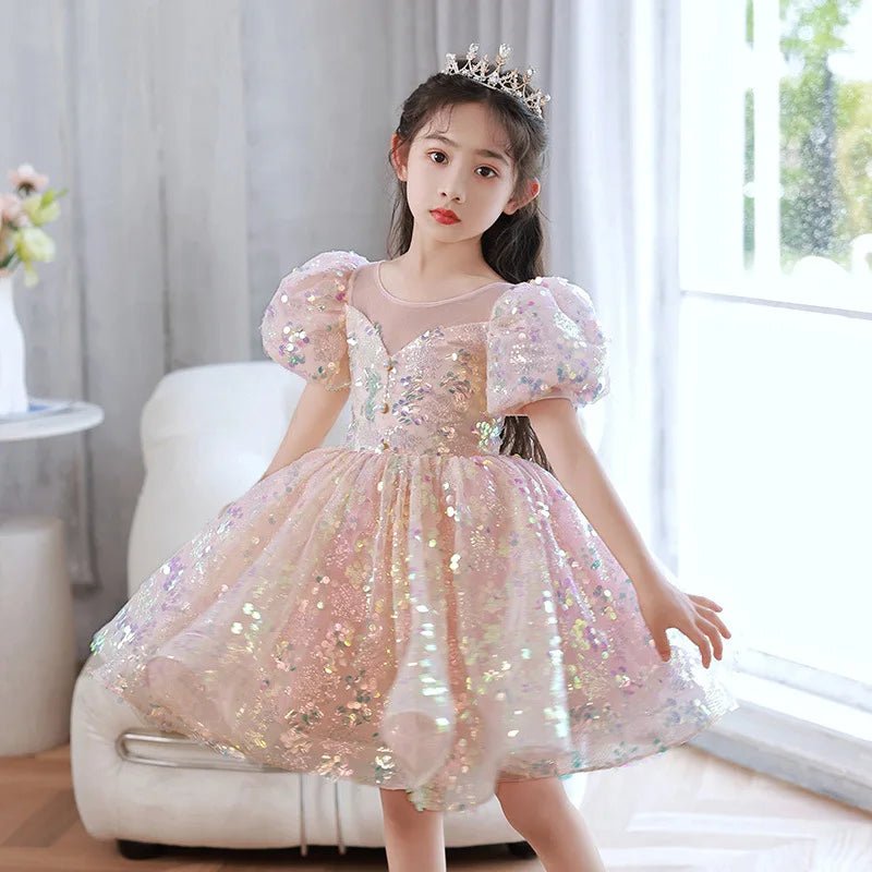 Kids Birthday Party Dresses for Little Girl Size 2 To 14 Years Prom Sequin Dress Luxury Gowns Sky Blue Evening Formal Frock - PratSN