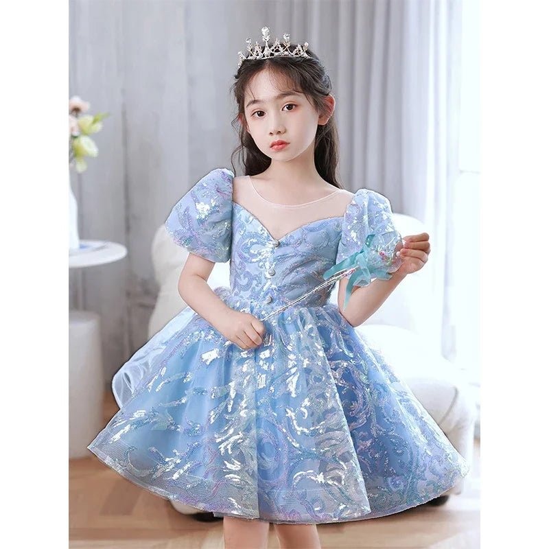 Kids Birthday Party Dresses for Little Girl Size 2 To 14 Years Prom Sequin Dress Luxury Gowns Sky Blue Evening Formal Frock - PratSN