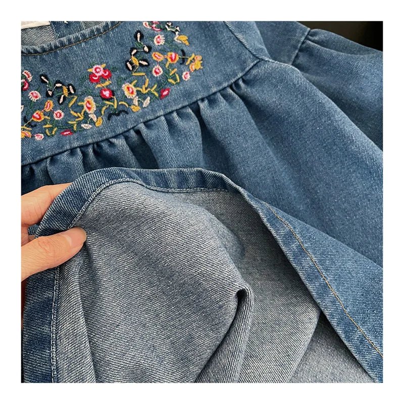 Kids Clothing Spring And Autumnr Round Neck Floral Embroidered Long Sleeve Denim dress Girls Dress Princess Dress - PratSN