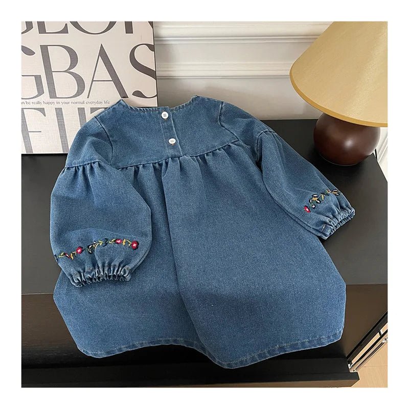 Kids Clothing Spring And Autumnr Round Neck Floral Embroidered Long Sleeve Denim dress Girls Dress Princess Dress - PratSN