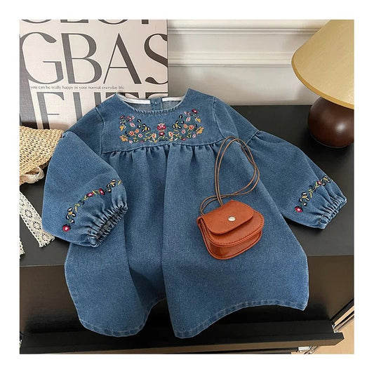 Kids Clothing Spring And Autumnr Round Neck Floral Embroidered Long Sleeve Denim dress Girls Dress Princess Dress - PratSN