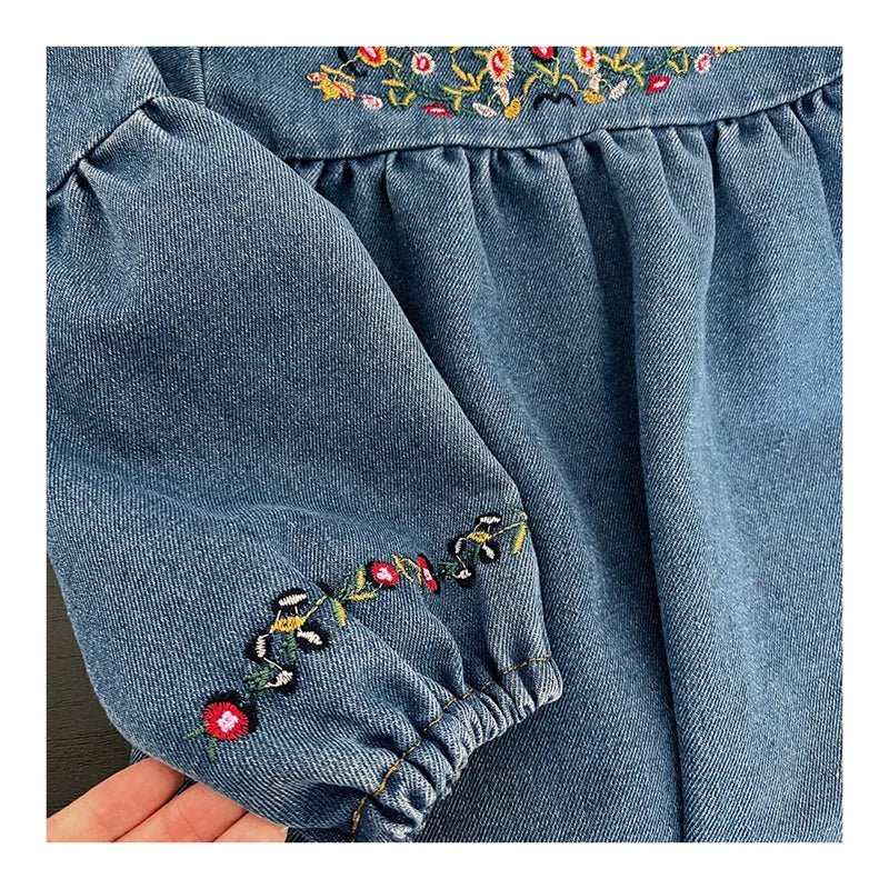 Kids Clothing Spring And Autumnr Round Neck Floral Embroidered Long Sleeve Denim dress Girls Dress Princess Dress - PratSN