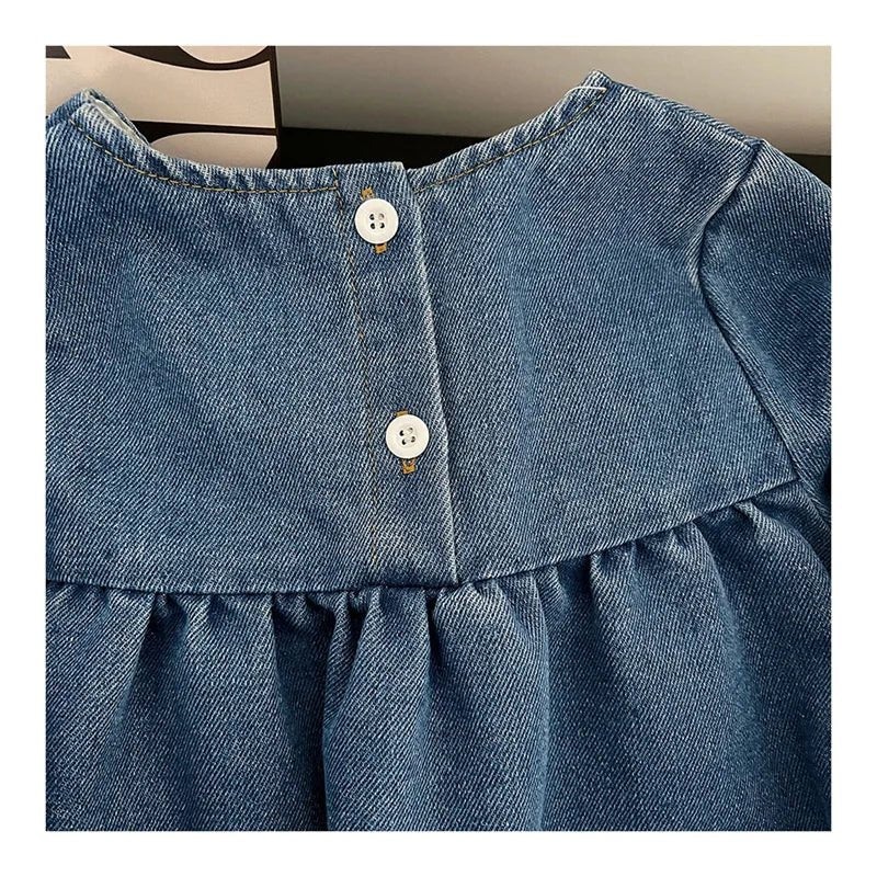 Kids Clothing Spring And Autumnr Round Neck Floral Embroidered Long Sleeve Denim dress Girls Dress Princess Dress - PratSN