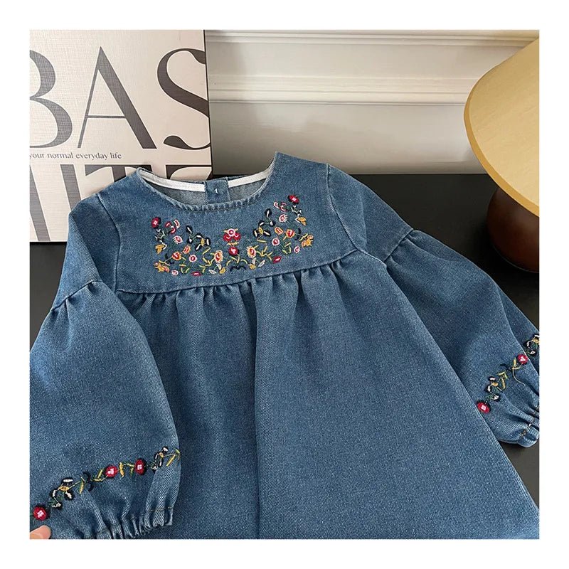 Kids Clothing Spring And Autumnr Round Neck Floral Embroidered Long Sleeve Denim dress Girls Dress Princess Dress - PratSN