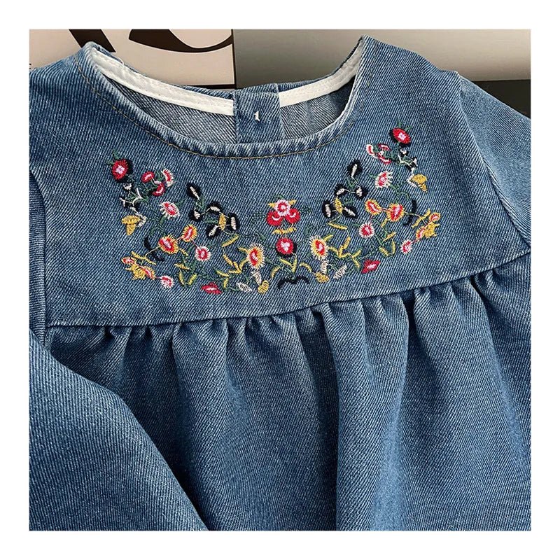 Kids Clothing Spring And Autumnr Round Neck Floral Embroidered Long Sleeve Denim dress Girls Dress Princess Dress - PratSN