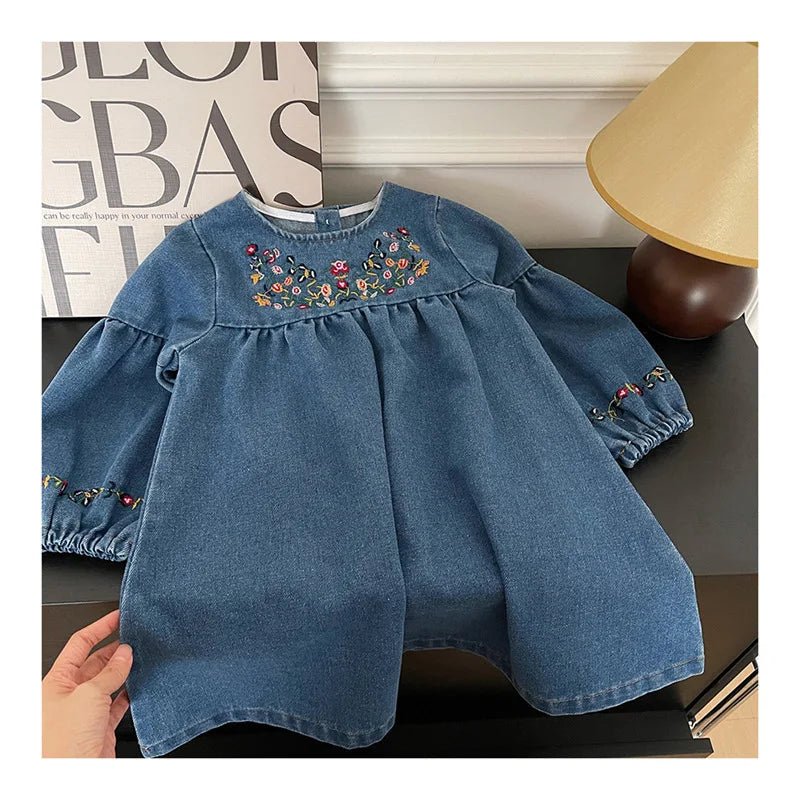 Kids Clothing Spring And Autumnr Round Neck Floral Embroidered Long Sleeve Denim dress Girls Dress Princess Dress - PratSN