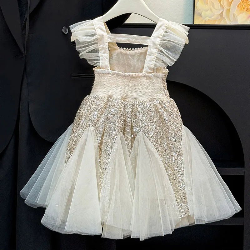 Kids Girl Clothes Sequined Flying Sleeves New Summer Party Dresses For Girls Elegant Mesh Vest Skirt Princess Dress Evening Prom - PratSN