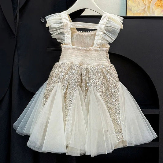 Kids Girl Clothes Sequined Flying Sleeves New Summer Party Dresses For Girls Elegant Mesh Vest Skirt Princess Dress Evening Prom - PratSN