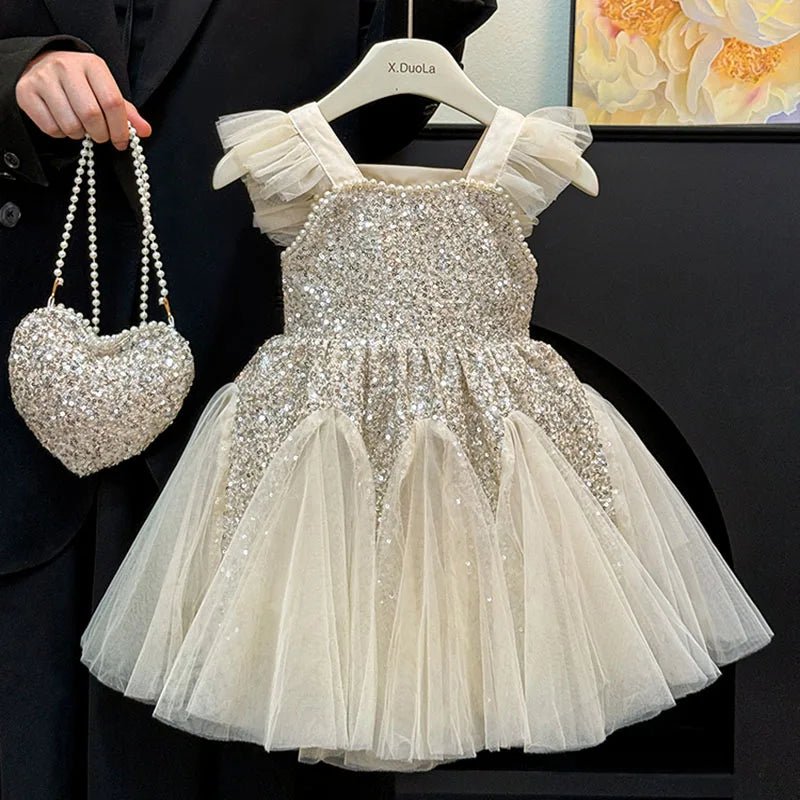 Kids Girl Clothes Sequined Flying Sleeves New Summer Party Dresses For Girls Elegant Mesh Vest Skirt Princess Dress Evening Prom - PratSN