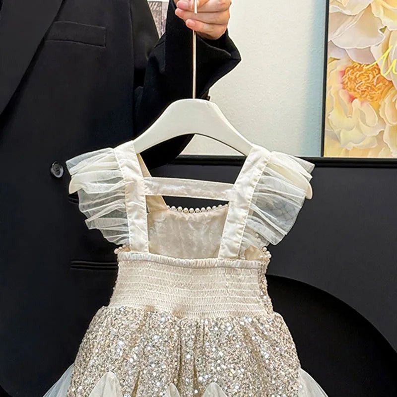 Kids Girl Clothes Sequined Flying Sleeves New Summer Party Dresses For Girls Elegant Mesh Vest Skirt Princess Dress Evening Prom - PratSN