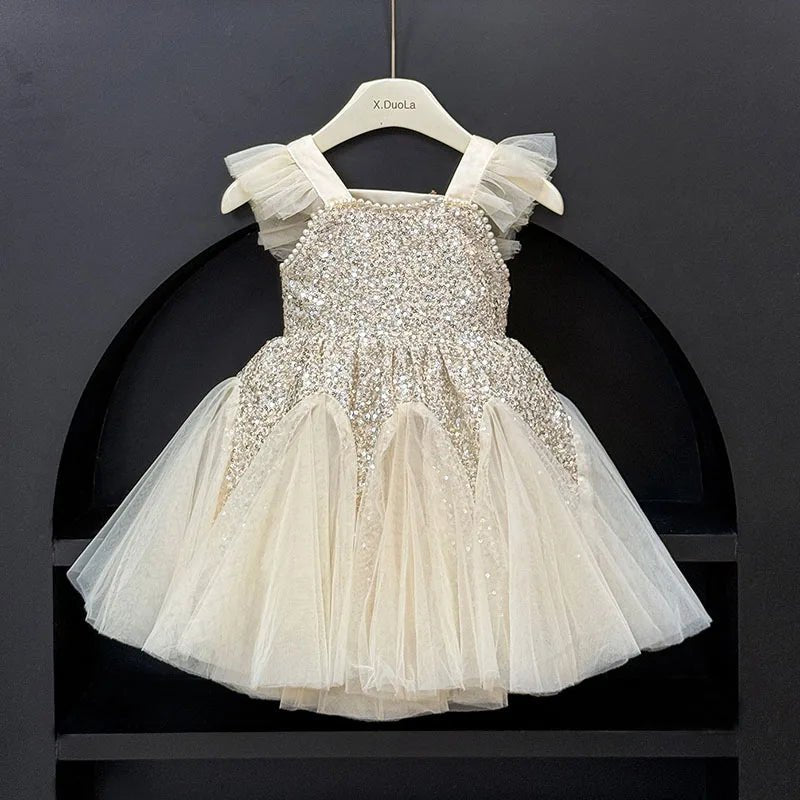 Kids Girl Clothes Sequined Flying Sleeves New Summer Party Dresses For Girls Elegant Mesh Vest Skirt Princess Dress Evening Prom - PratSN