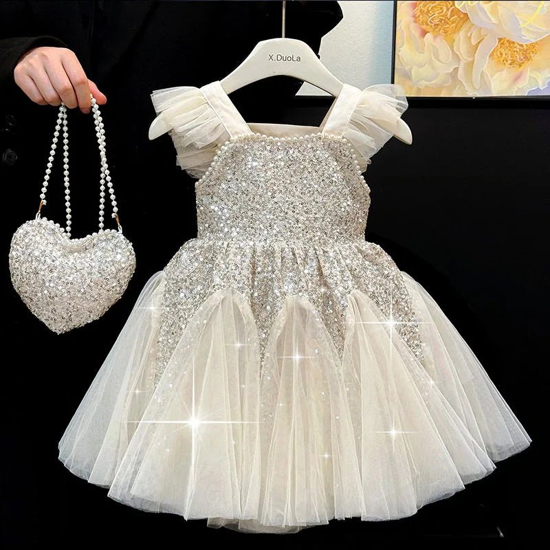 Kids Girl Clothes Sequined Flying Sleeves New Summer Party Dresses For Girls Elegant Mesh Vest Skirt Princess Dress Evening Prom - PratSN