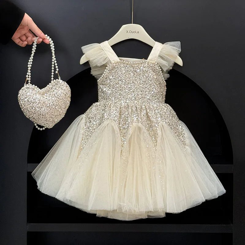 Kids Girl Clothes Sequined Flying Sleeves New Summer Party Dresses For Girls Elegant Mesh Vest Skirt Princess Dress Evening Prom - PratSN