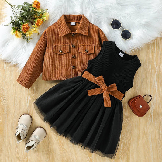 Kids Girls' Fall/Winter Outfit Set Dress With Long Sleeve Solid Jacket Coat Children Clothes For 1 - 6Y Active Suit - PratSN