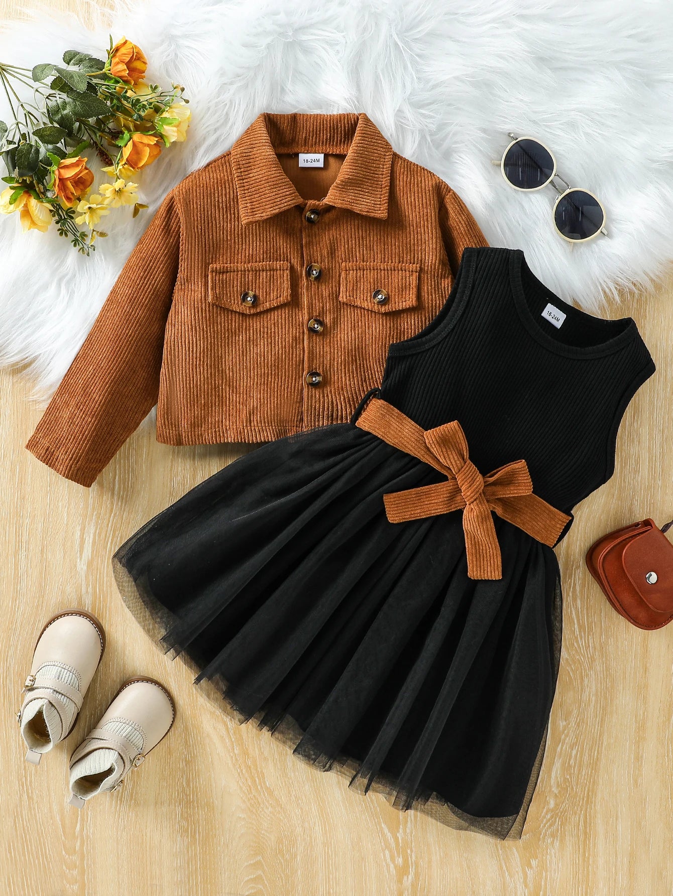 Kids Girls' Fall/Winter Outfit Set Dress With Long Sleeve Solid Jacket Coat Children Clothes For 1 - 6Y Active Suit - PratSN