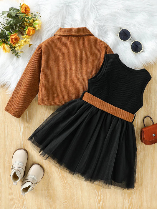 Kids Girls' Fall/Winter Outfit Set Dress With Long Sleeve Solid Jacket Coat Children Clothes For 1 - 6Y Active Suit - PratSN