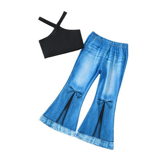 Kids Girls Summer Outfits Solid Color Sleeveless Tank Tops and Imitation Denim Flare Pants Jeans 2Pcs Clothes Set - PratSN