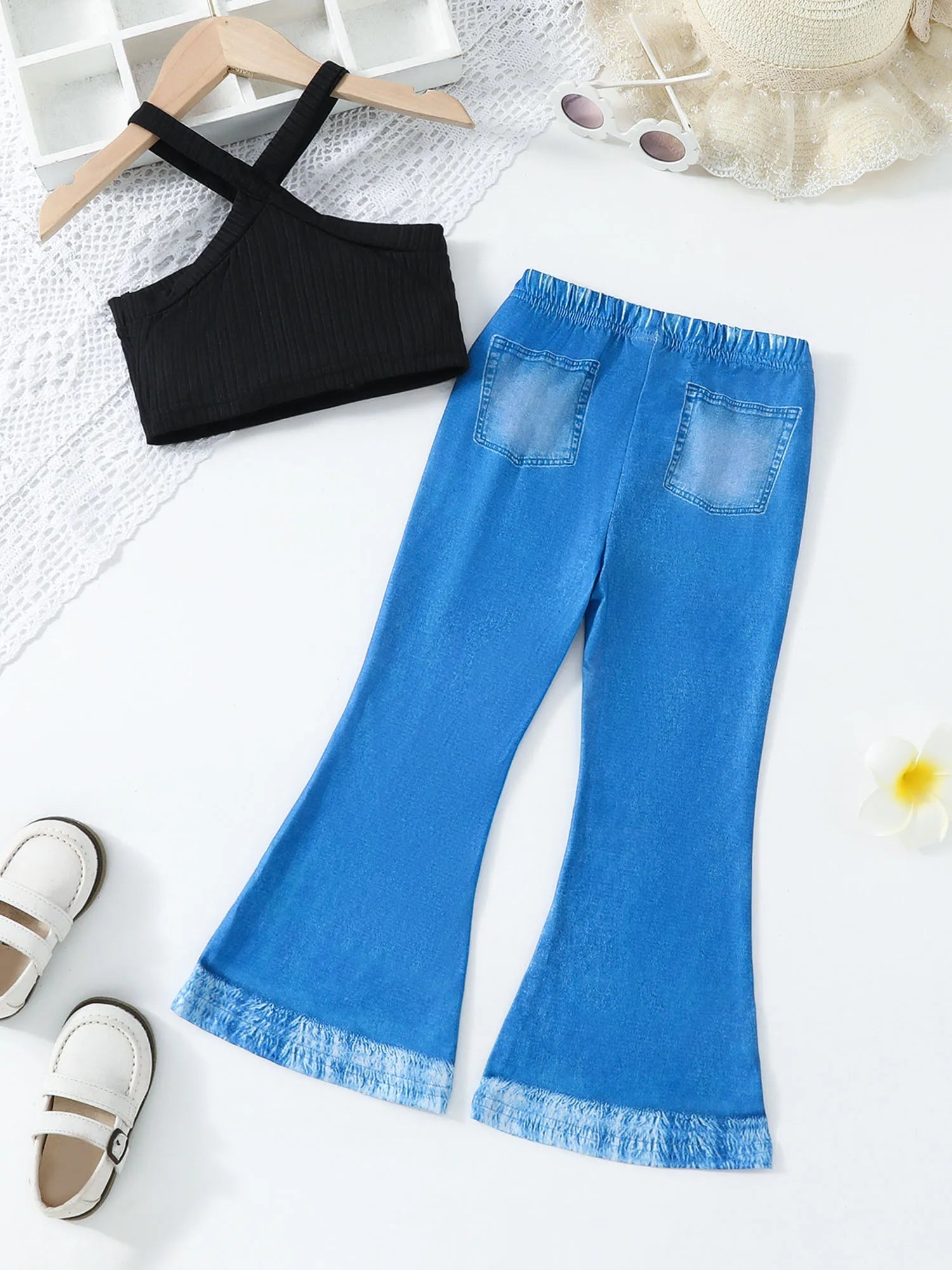 Kids Girls Summer Outfits Solid Color Sleeveless Tank Tops and Imitation Denim Flare Pants Jeans 2Pcs Clothes Set - PratSN