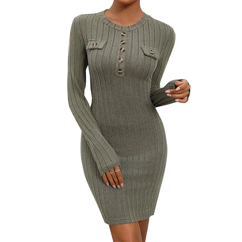 Knitted Frosted Pit Stripe Solid Color Simple Knit Skirt Slim Fit Round Neck Button up Dress - PratSN