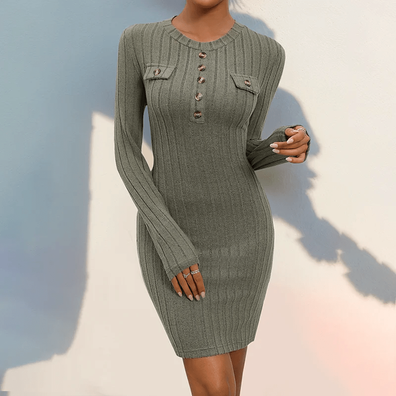 Knitted Frosted Pit Stripe Solid Color Simple Knit Skirt Slim Fit Round Neck Button up Dress - PratSN