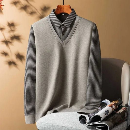 Knitted Sweater Velvet Thickened Men's Fake Two - piece Shirt Collar Sweaters Base Shirt Loose Pullover Winter Thermal Underwear - PratSN