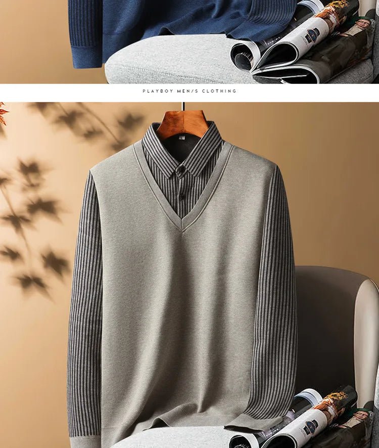 Knitted Sweater Velvet Thickened Men's Fake Two - piece Shirt Collar Sweaters Base Shirt Loose Pullover Winter Thermal Underwear - PratSN