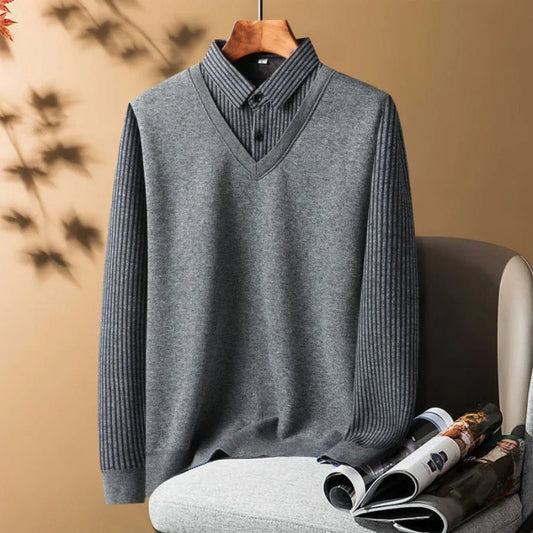 Knitted Sweater Velvet Thickened Men's Fake Two - piece Shirt Collar Sweaters Base Shirt Loose Pullover Winter Thermal Underwear - PratSN