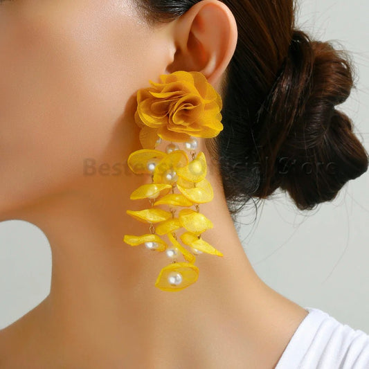 Korean Fashion Imitation Pearl Tassel Drop Earrings For Women Original Design Luxury Elegant Flower Pendant Girl Wedding Jewelry - PratSN