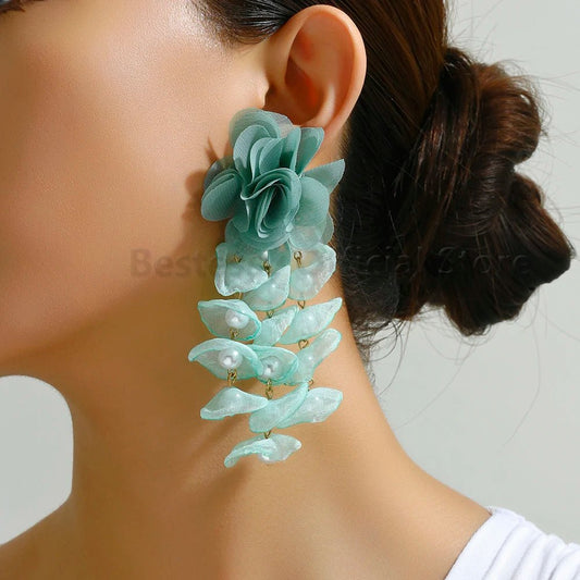 Korean Fashion Imitation Pearl Tassel Drop Earrings For Women Original Design Luxury Elegant Flower Pendant Girl Wedding Jewelry - PratSN