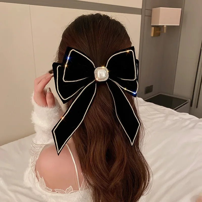 Korean Velvet Bow Hair Pins Fabric Rhinestone Pearl Hair Clips for Women Luxulry Jewelry Spring Clip Gils Hair Accessories - PratSN