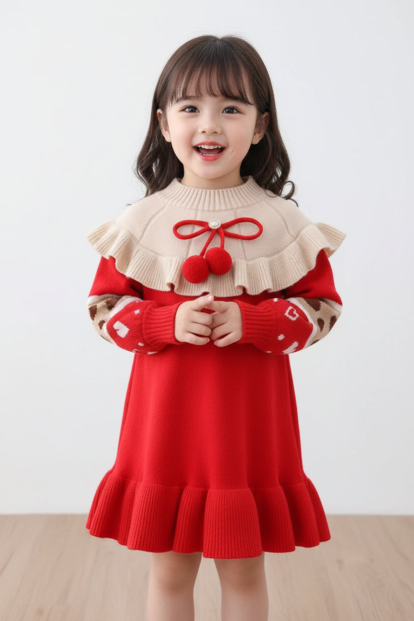Korean Version Mid - Length Wool Dress with Ruffled Skirt Sweet Girls Winter Sweater Baby Outfit Decorated with a Bow From Taizhou - PratSN