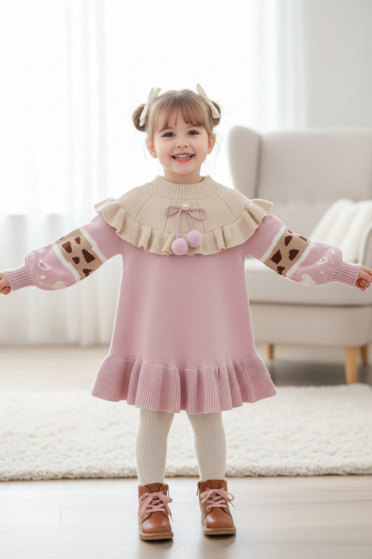 Korean Version Mid - Length Wool Dress with Ruffled Skirt Sweet Girls Winter Sweater Baby Outfit Decorated with a Bow From Taizhou - PratSN
