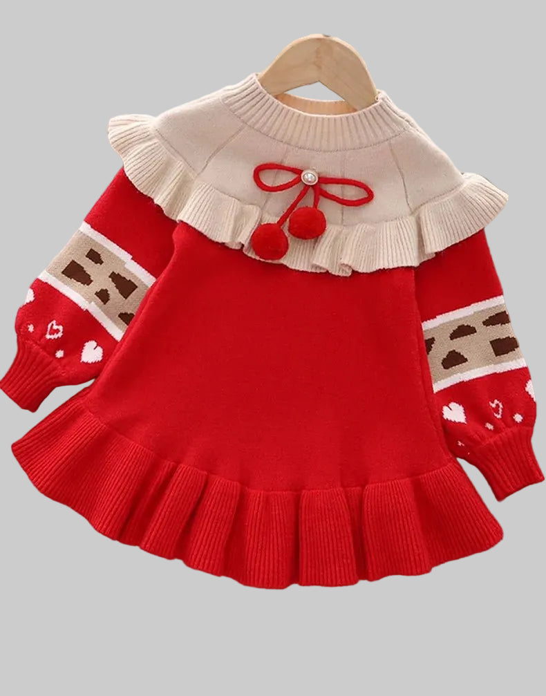 Korean Version Mid - Length Wool Dress with Ruffled Skirt Sweet Girls Winter Sweater Baby Outfit Decorated with a Bow From Taizhou - PratSN
