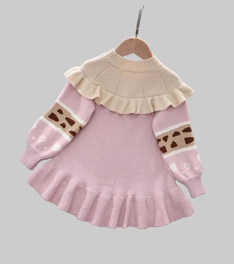 Korean Version Mid - Length Wool Dress with Ruffled Skirt Sweet Girls Winter Sweater Baby Outfit Decorated with a Bow From Taizhou - PratSN