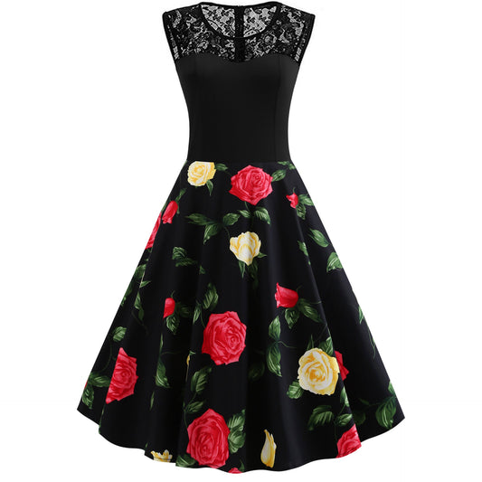 Lace Stitching Sleeveless Hot - selling Floral - print Retro Dress - PratSN