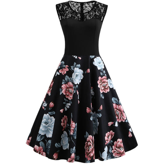 Lace Stitching Sleeveless Hot - selling Floral - print Retro Dress - PratSN