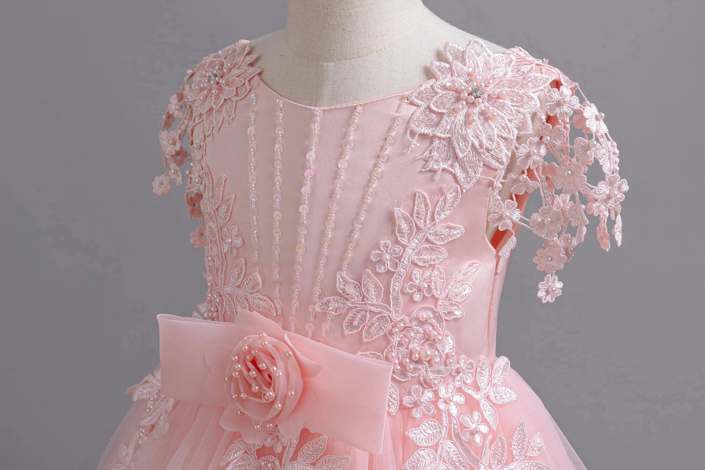 Lace up Tulle Flower Girl Dress Chest with flowers First Communion Ball Gown Wedding Party Bridesmaid Dress Kids 12Y - PratSN