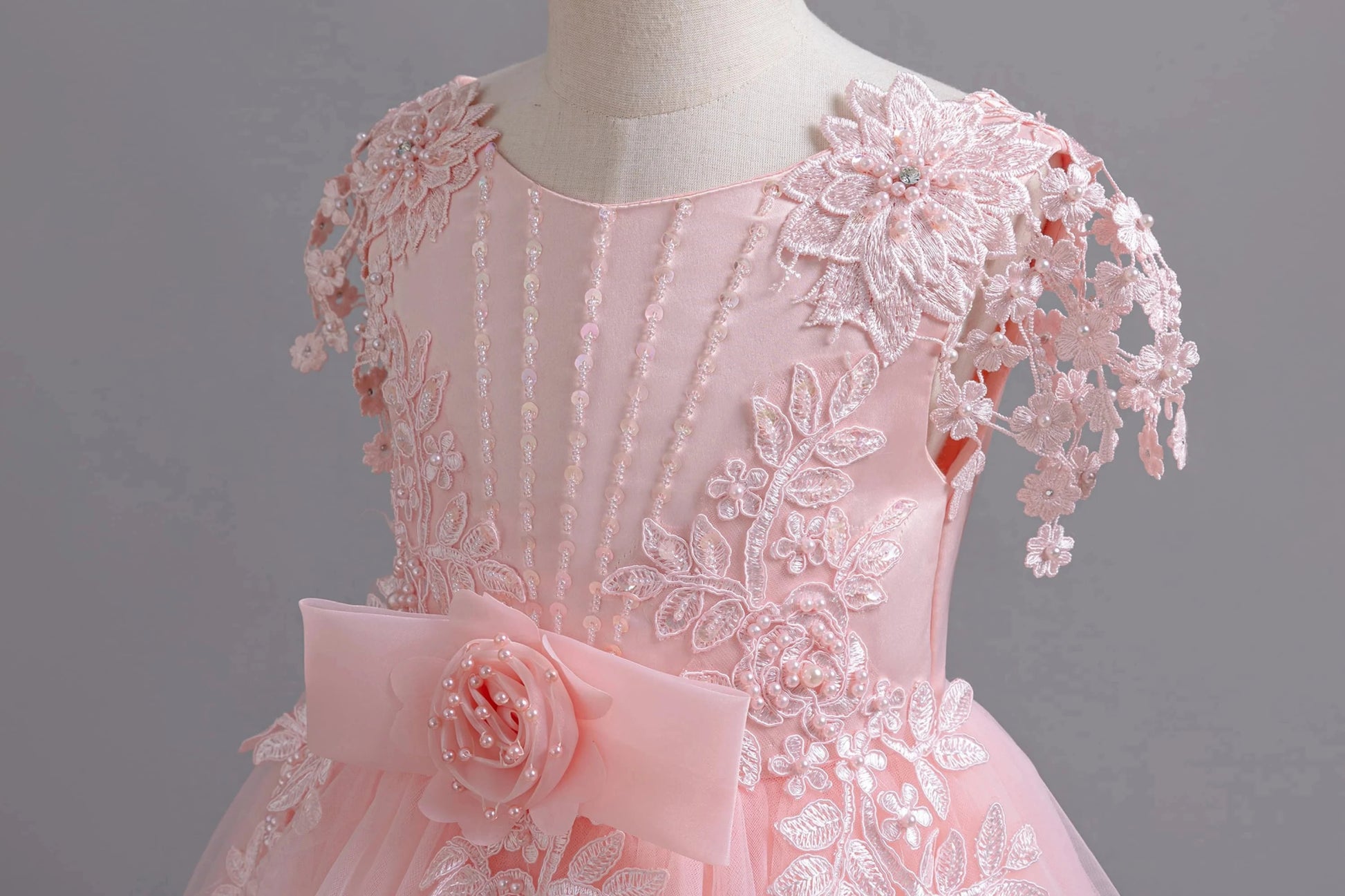 Lace up Tulle Flower Girl Dress Chest with flowers First Communion Ball Gown Wedding Party Bridesmaid Dress Kids 12Y - PratSN