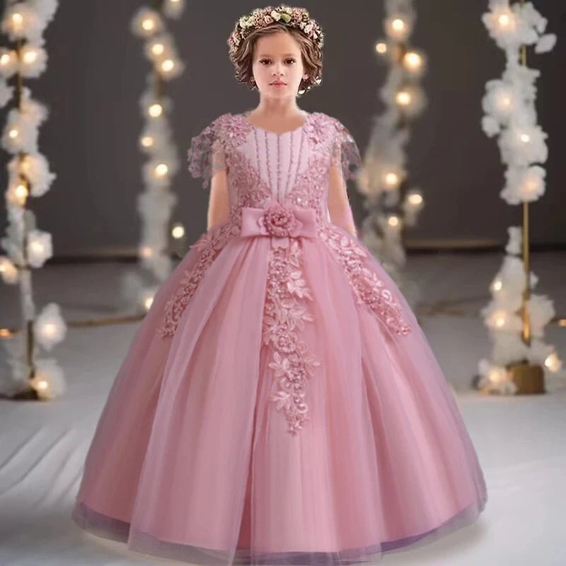 Lace up Tulle Flower Girl Dress Chest with flowers First Communion Ball Gown Wedding Party Bridesmaid Dress Kids 12Y - PratSN