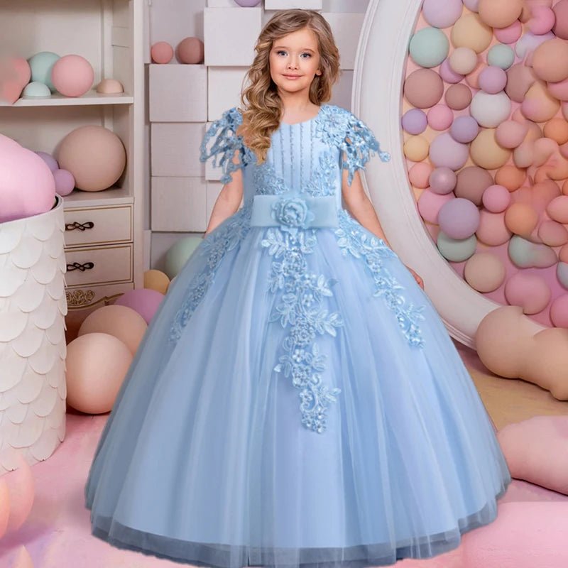 Lace up Tulle Flower Girl Dress Chest with flowers First Communion Ball Gown Wedding Party Bridesmaid Dress Kids 12Y - PratSN