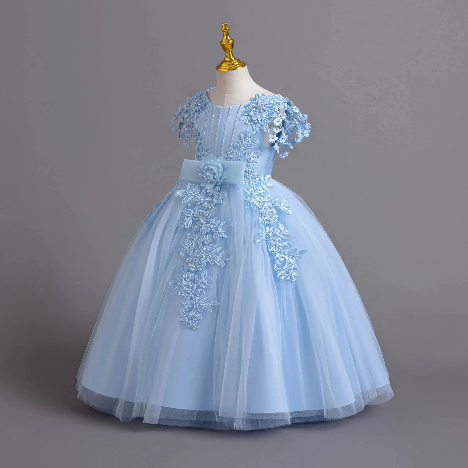Lace up Tulle Flower Girl Dress Chest with flowers First Communion Ball Gown Wedding Party Bridesmaid Dress Kids 12Y - PratSN