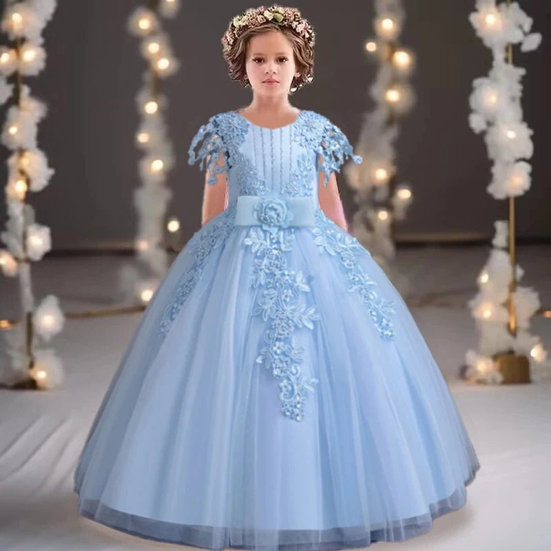 Lace up Tulle Flower Girl Dress Chest with flowers First Communion Ball Gown Wedding Party Bridesmaid Dress Kids 12Y - PratSN