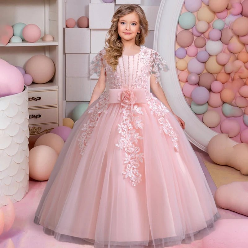 Lace up Tulle Flower Girl Dress Chest with flowers First Communion Ball Gown Wedding Party Bridesmaid Dress Kids 12Y - PratSN