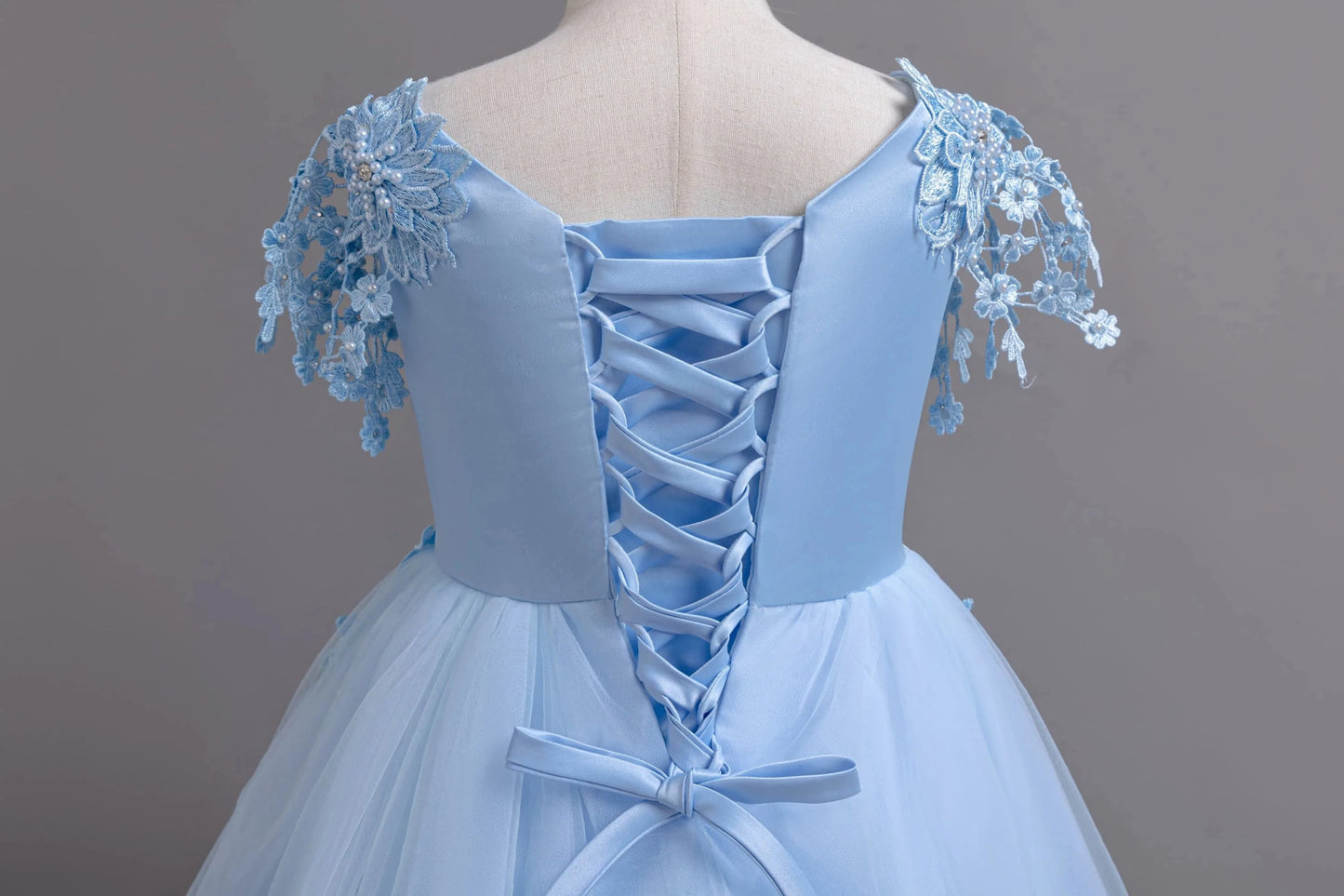 Lace up Tulle Flower Girl Dress Chest with flowers First Communion Ball Gown Wedding Party Bridesmaid Dress Kids 12Y - PratSN