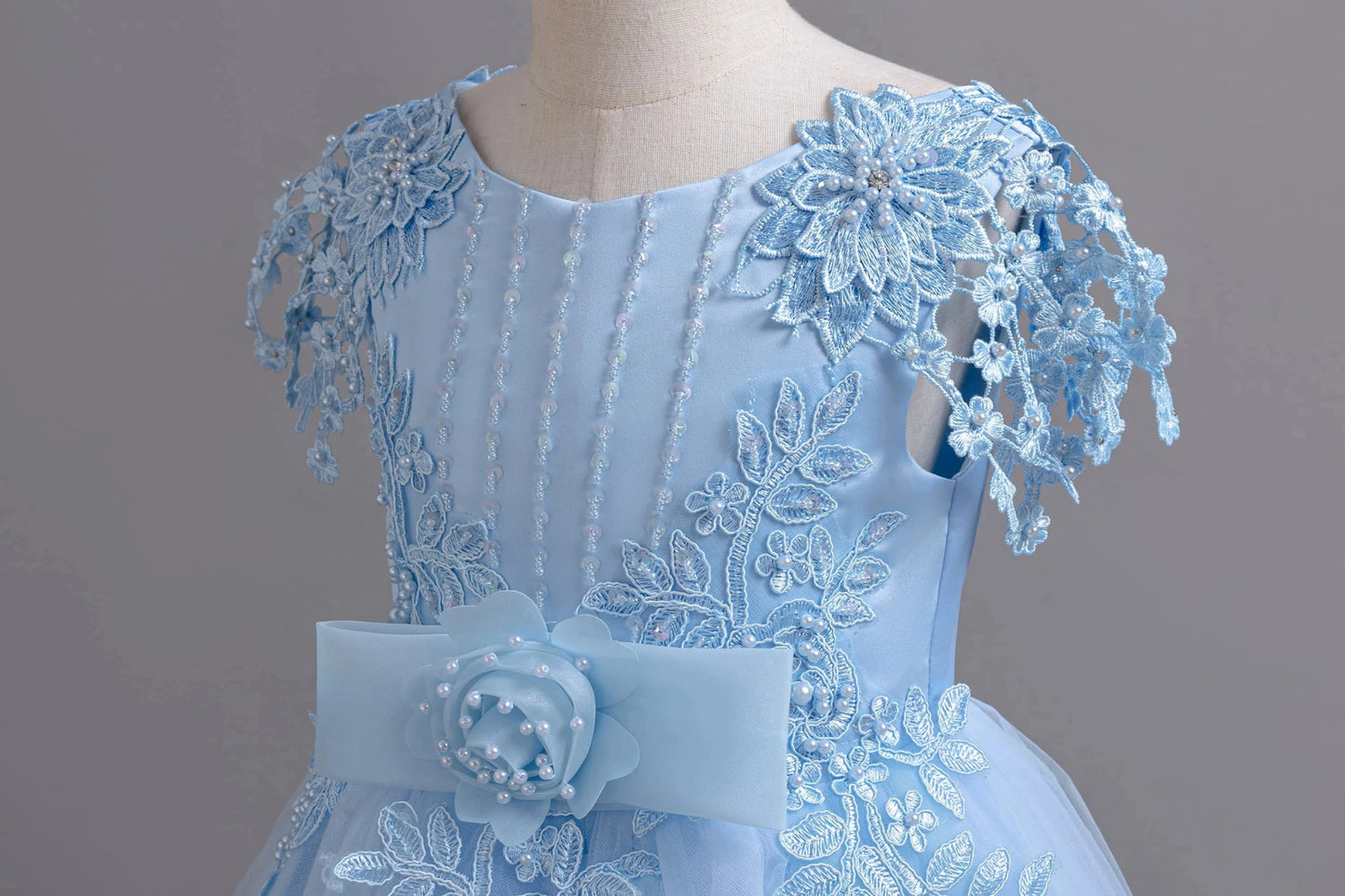 Lace up Tulle Flower Girl Dress Chest with flowers First Communion Ball Gown Wedding Party Bridesmaid Dress Kids 12Y - PratSN