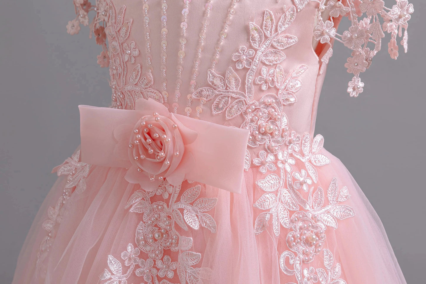 Lace up Tulle Flower Girl Dress Chest with flowers First Communion Ball Gown Wedding Party Bridesmaid Dress Kids 12Y - PratSN