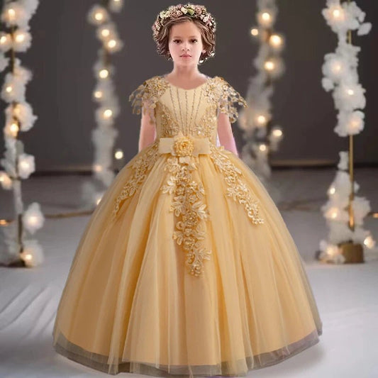 Lace up Tulle Flower Girl Dress Chest with flowers First Communion Ball Gown Wedding Party Bridesmaid Dress Kids 12Y - PratSN