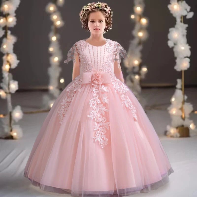 Lace up Tulle Flower Girl Dress Chest with flowers First Communion Ball Gown Wedding Party Bridesmaid Dress Kids 12Y - PratSN